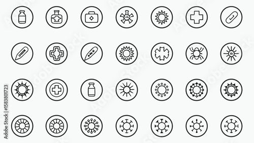 Thirty Minimalist Black Line Icons in Circles Medical Symbols Virus Bacteria Pills Thermometer First Aid Kit