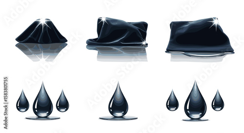 Illustrative display of draped fabric and liquid droplets with reflective surfaces on a white background