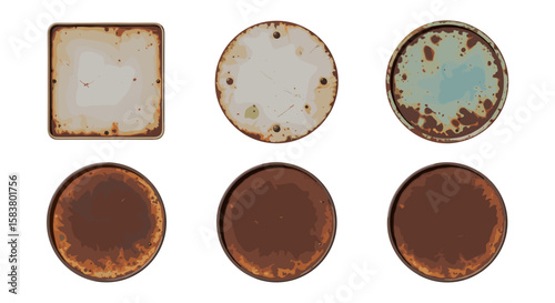 A collection of six old metal signs with varying shapes and degrees of rust on a white background
