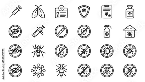 Thirty Minimalist Black Line Icons Set Featuring Insects Pests Viruses Syringes Medical Report Spray Bottle House Protection No Entry