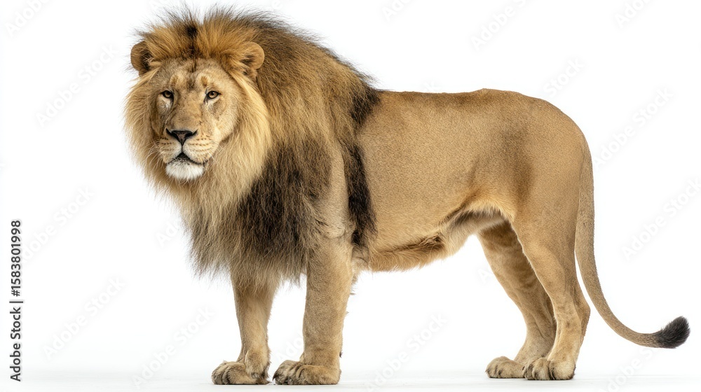 Obraz premium Majestic lion against a white backdrop