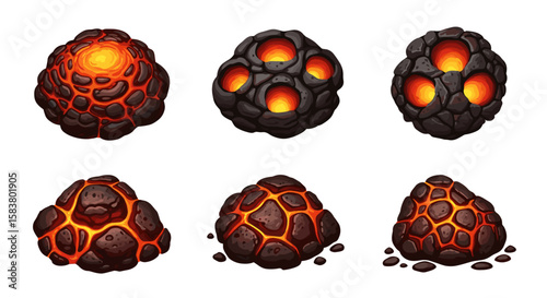 Collection of lava rocks and lava egg stones with glowing cracks and holes on a white background