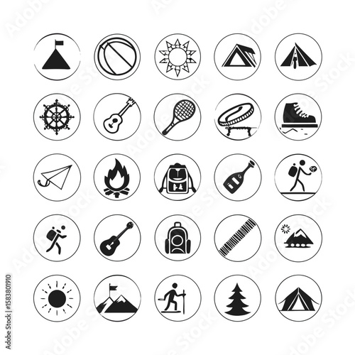 Outdoor Recreation and Leisure Activity Icon Set | Minimal Vector Icons Including Hiking, Sun, Tourism, Entertainment, and Relaxation Symbols