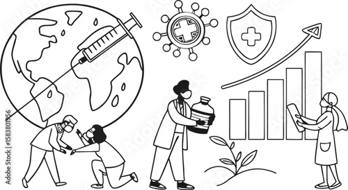 Twenty Seven Minimalist Black Line Art Icons Depicting Global Pandemic Response Healthcare Workers Carrying Earth Syringe Virus Protection