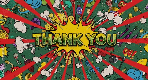 Colorful Comic Style Thank You Message with Explosion Effect and Speech Bubbles