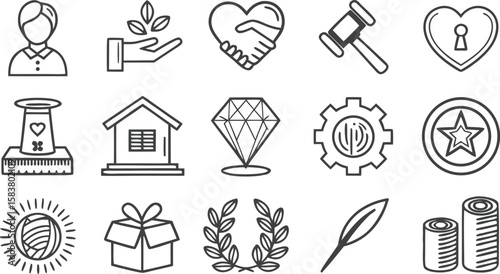 Twenty Seven Minimalist Black Line Art Icons Set Featuring Person Heart Handshake Gavel Key House Diamond Gear Star Gift Laurel Feather Rolls