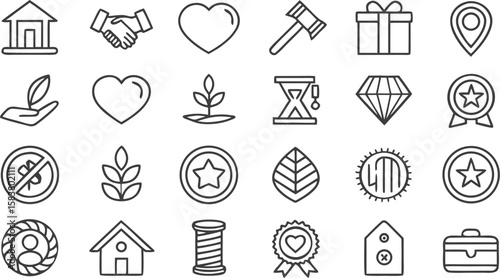 Twenty Seven Minimalist Black Line Art Icons Set Featuring House Heart Handshake Plant Growth Diamond Award Symbols