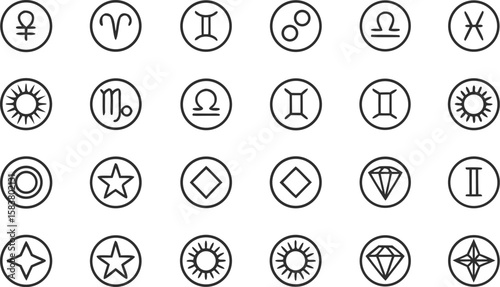 Twenty Seven Minimalist Black Line Zodiac Sun Star Diamond Symbols in Circles on White Background Vector Graphic Set