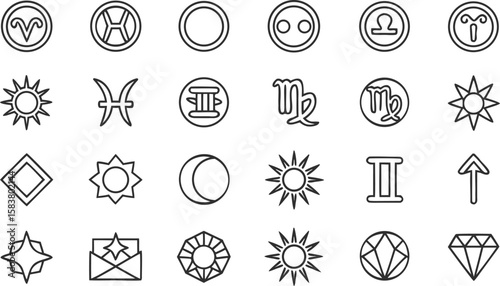 Twenty Seven Minimalist Black Line Zodiac Symbols Sun Moon Stars Geometric Shapes Icons Collection Vector Graphics