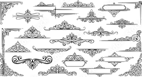 collection of victorian black and white design elements, delimiters, ornamental, corner, in a white background