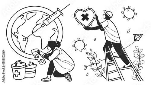 Twenty Seven Minimalist Line Art Icons Depicting Global Vaccination Healthcare Workers Cleaning Up Viruses and Hope for a Healthier Future