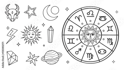 Twenty Seven Minimalist Line Art Zodiac Astrology Symbols Collection Black White Celestial Sun Moon Stars Crystals Planets Taurus Gemini