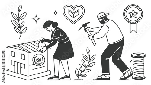 Twenty Seven Minimalist Line Art Icons Depicting People Building a House Planting a Tree and Holding Tools with Symbolic Elements like a
