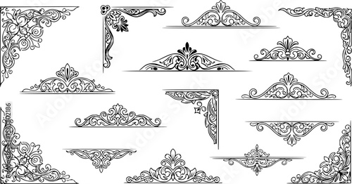 collection of victorian black and white design elements, delimiters, ornamental, corner, in a white background