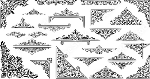 collection of victorian black and white design elements, delimiters, ornamental, corner, in a white background