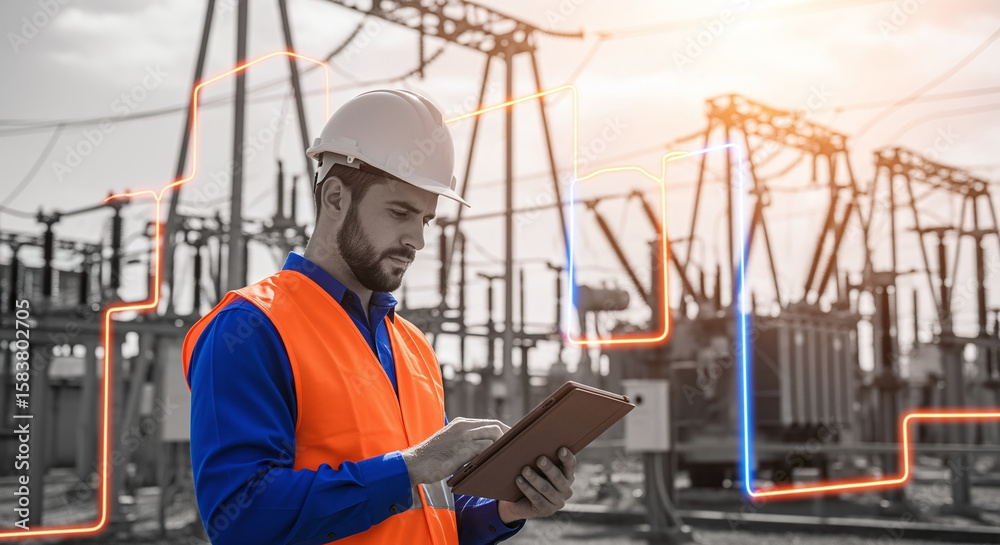 Energy engineer inspecting substation equipment. Electrician studies plan in front of power station with transmission lines. Electrical maintenance at sunset. Safety work environment with hard hat Energy engineer inspecting substation equipment. Electrician studies plan in front of power station with transmission lines. Electrical maintenance at sunset. Safety work environment with hard hat