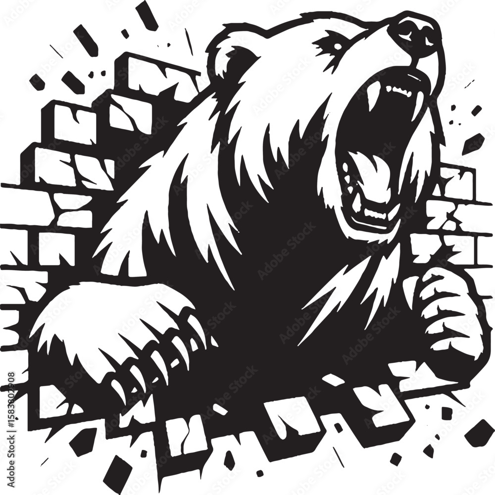 Fototapeta premium Roaring Bear Breaking Through Brick Wall – Bold Black and White Illustration