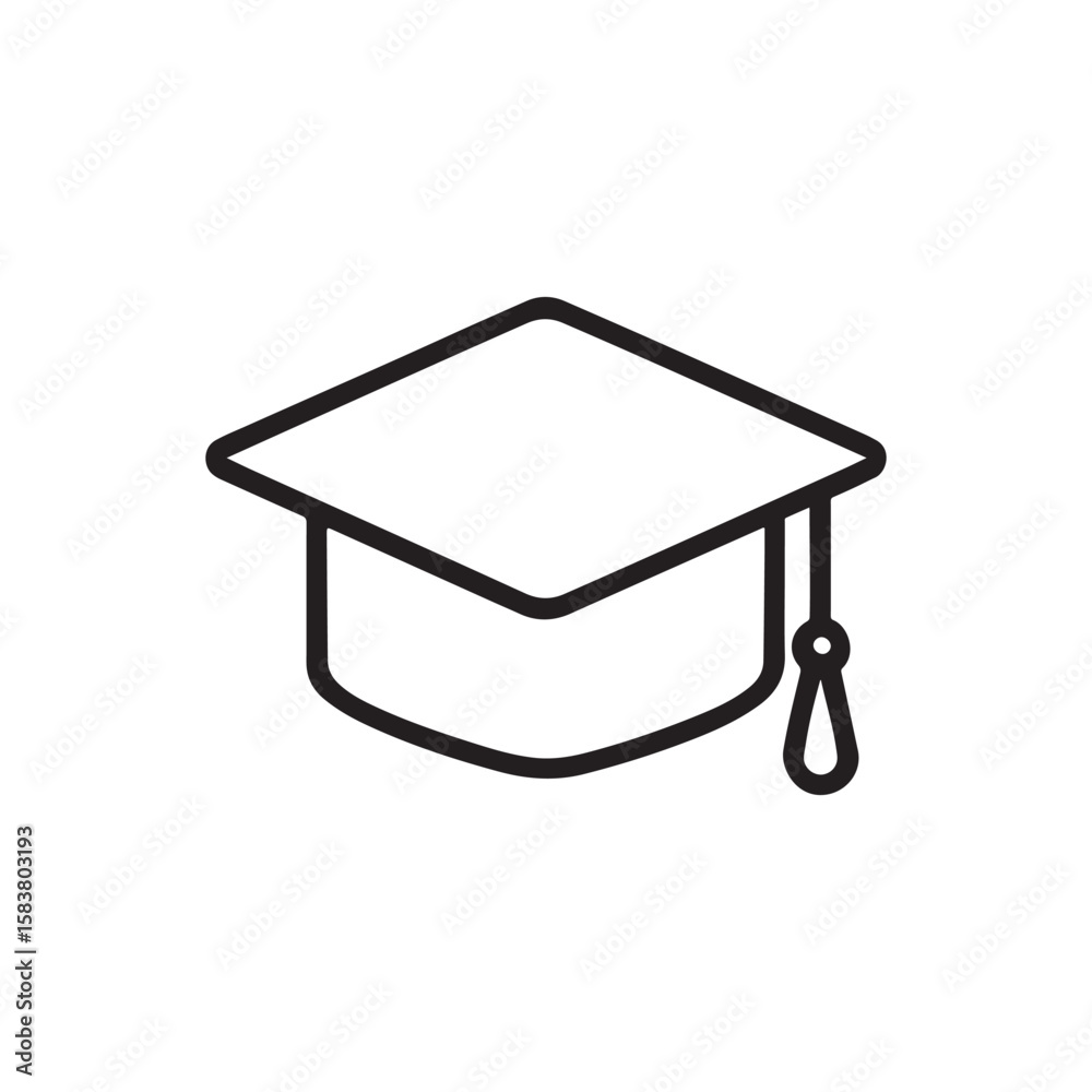 A simple, clean black outline icon of a graduation cap, also known as a mortarboard, with a dangling tassel. Ideal for educational themes and academic achievements. A simple, clean black outline icon of a graduation cap, also known as a mortarboard, with a dangling tassel. Ideal for educational themes and academic achievements.