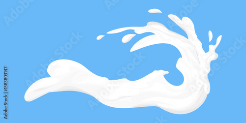 Dynamic illustration of a white liquid splash or wave,  milk or water isolated on blue background.