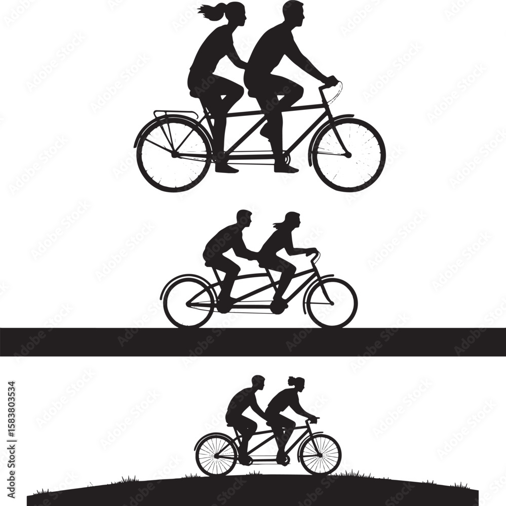 Obraz premium Silhouette of couples riding bicycles together on different surfaces showing togetherness outdoor activity fitness love and cycling lifestyle