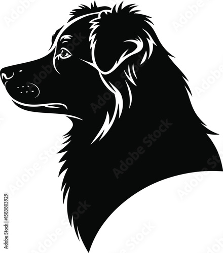 Black and white vector silhouette of Australian Shepherd head in profile with fluffy cheeks and pointed snout