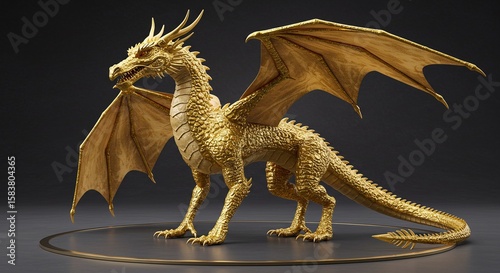 Golden Dragon Statue with Large Wings and Spiked Tail on Dark Background