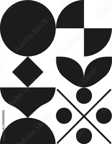 Geometric abstract silhouette composition with sharp isolated shapes in black and white vector design