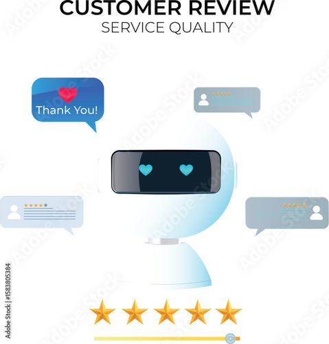 A happy Artificial Intelligence chatbot enamored with positive comments and feedback from its customers. With a 5-star rating and satisfied customers for its performance. Internet of things
