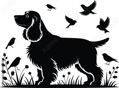 Minimalist field-style silhouette of English Cocker Spaniel with bird outlines in black and white vector illustration