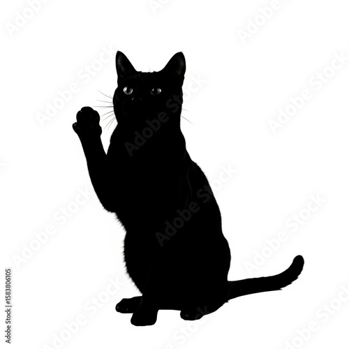 Silhouette of a black cat sitting with paw raised up