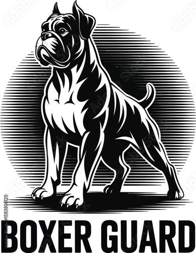 Powerful boxer silhouette in classic guard dog stance with raised paw and spotlight background in black and white vector