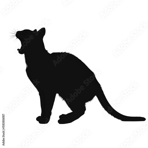 Silhouette of a cat yawning with its mouth wide open