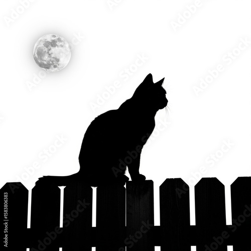Silhouette of cat on fence under the moonlight night