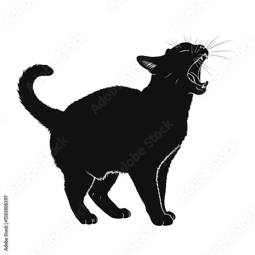 Silhouette of a cat yawning with its mouth wide open