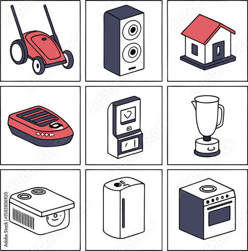 Household kitchen and home appliance vector icons set for web design