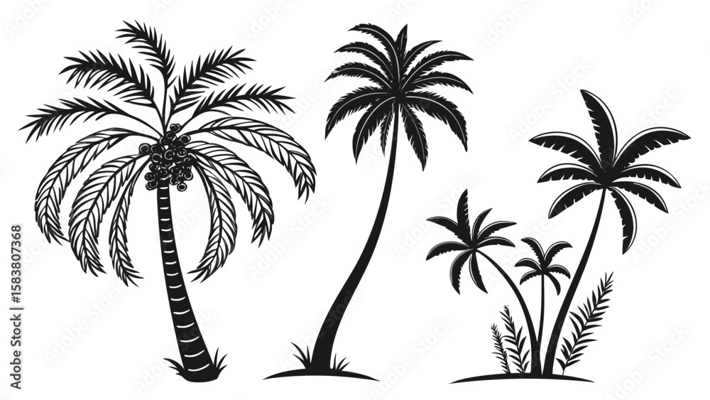 Naklejka premium Illustration of three palm trees with different shapes and sizes in black and white color scheme art