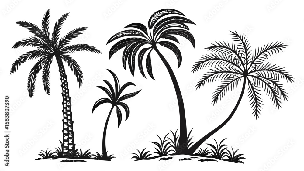 Fototapeta premium Silhouette illustration of four palm trees of varying sizes with grass at the base on a white background