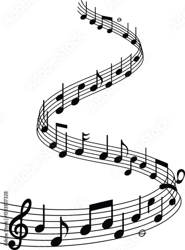 Silhouette of musical notes flowing upward in black and white vector isolated composition for music design