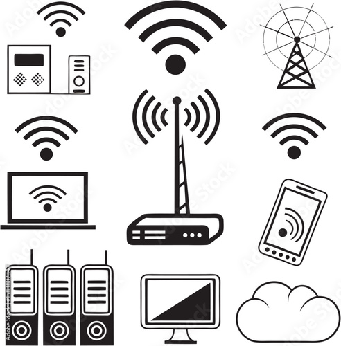 Wireless network communication icon set: signal,  and internet connection symbols for mobile technology design