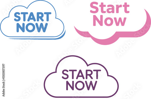 Start now callout cloud style badges collection vector design for prompt action motivation button user interface and modern marketing design purposes