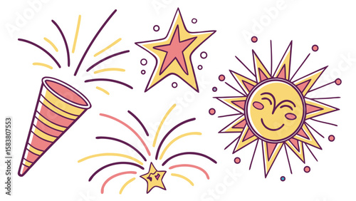 Illustration showing a party popper, stars, and a smiling sun with rays in a celebratory theme