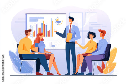 Team engages in collaborative brainstorming session to strategize and discuss project concepts with visual data presentation