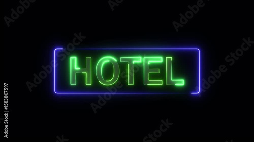 Glowing neon hotel sign icon isolated animation on black background.