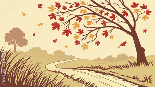 Illustration of a winding road through a field with a tree and falling leaves in an autumn landscape scene