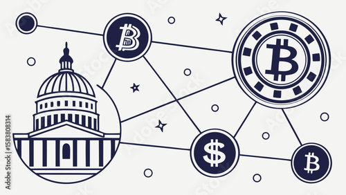 Illustration of a capitol building connected to bitcoin and dollar symbols with lines and stars design