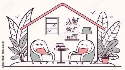 Illustration of a cozy living room interior with armchairs, plants, shelves, and a window inside a house frame