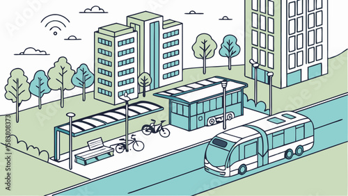 Illustration of a modern city with buildings trees bus stops bicycles and a bus on the road landscape