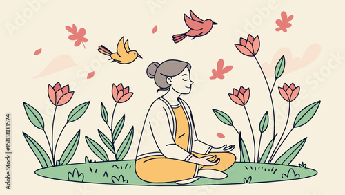 Illustration of a woman meditating in a field with birds and flowers in a peaceful and serene scene