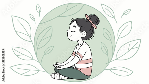 A woman meditating in lotus position with a bun and a pink bow surrounded by leaves and a green circle