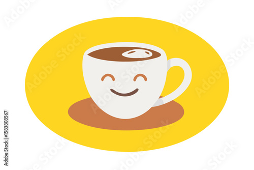 Happy coffee cup with smiley face on foamy latte against bright yellow background
